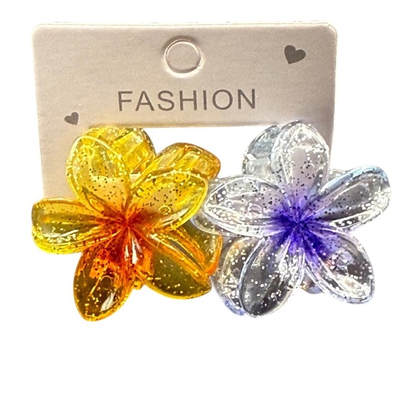 Accessories - 2pc Flower Hair Claw Clips Glitter Yellow Purple Plumeria Tropical Accessories